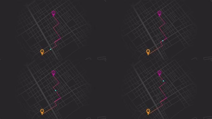 GPS交付标记在城市地图上从a点移动到B点。黑色背景上的运动图形导航动画