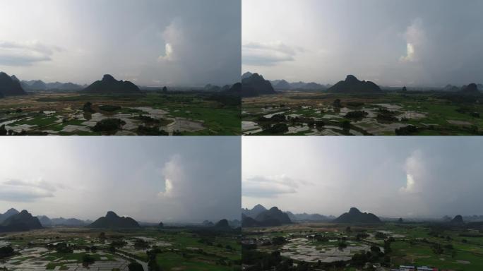 中国桂林喀斯特山区稻田的航拍视频