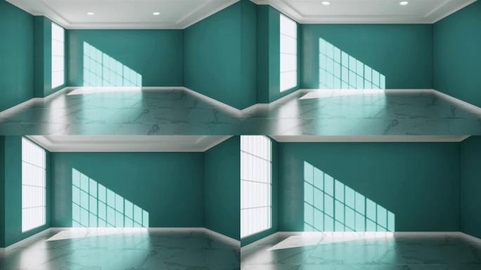 空房间内部，木地板在空墙背景上。3D渲染
