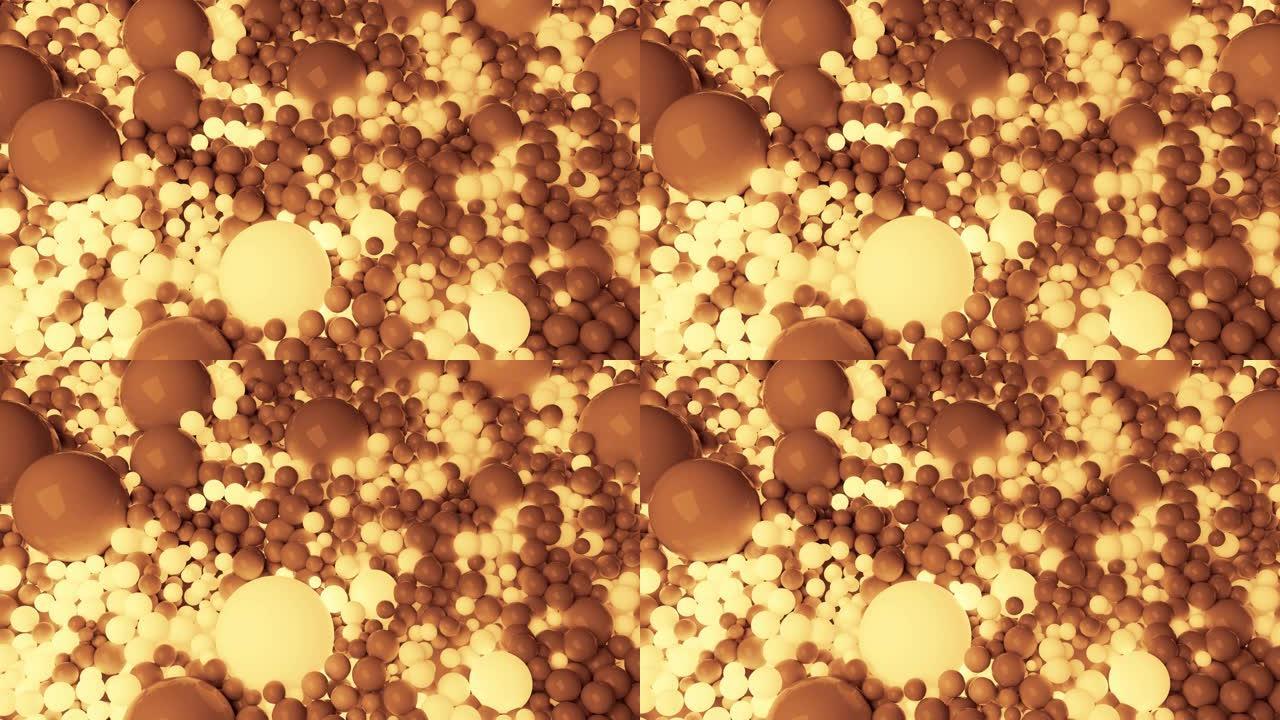 4k 3D无缝循环动画美丽的大小球体或球覆盖平面作为抽象简单的几何背景。有些球体会发光。像棕褐色一样