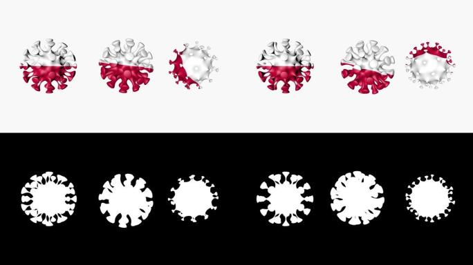 3D动画冠状病毒2019-nCoV波兰。波兰官方旗帜上的病毒球球体covid - 19，白色背景。阿