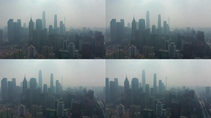 夏季雾霾广州市中心区航空全景4k中国