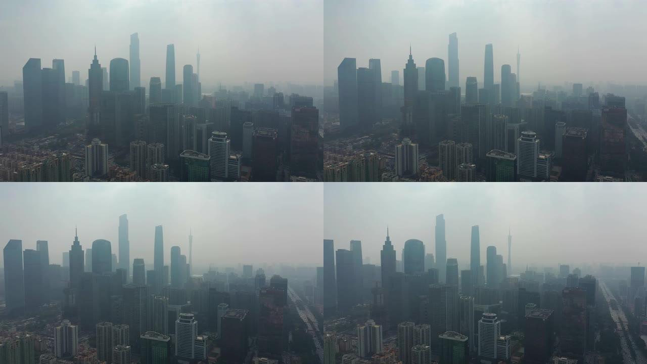 夏季雾霾广州市中心区航空全景4k中国