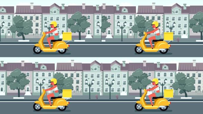 彩色简笔画女人角色骑黄色摩托车城市送货动画