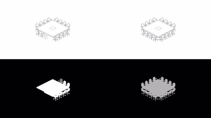 会议室设置布局配置会议广场会议室风格，白色背景动画4K上的3D虚拟等距概念设计插图，带哑光阿尔法通道