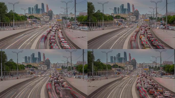 暮光之城莫斯科现代城市交通街隧道桥全景4k延时俄罗斯