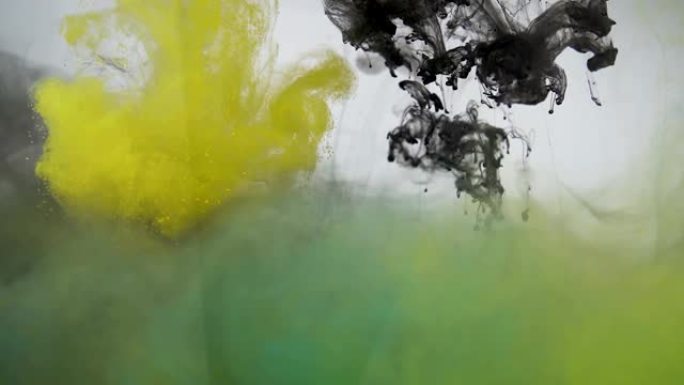 黄色、绿色和黑色墨水滴水抽象背景