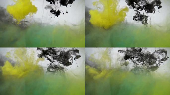 黄色、绿色和黑色墨水滴水抽象背景