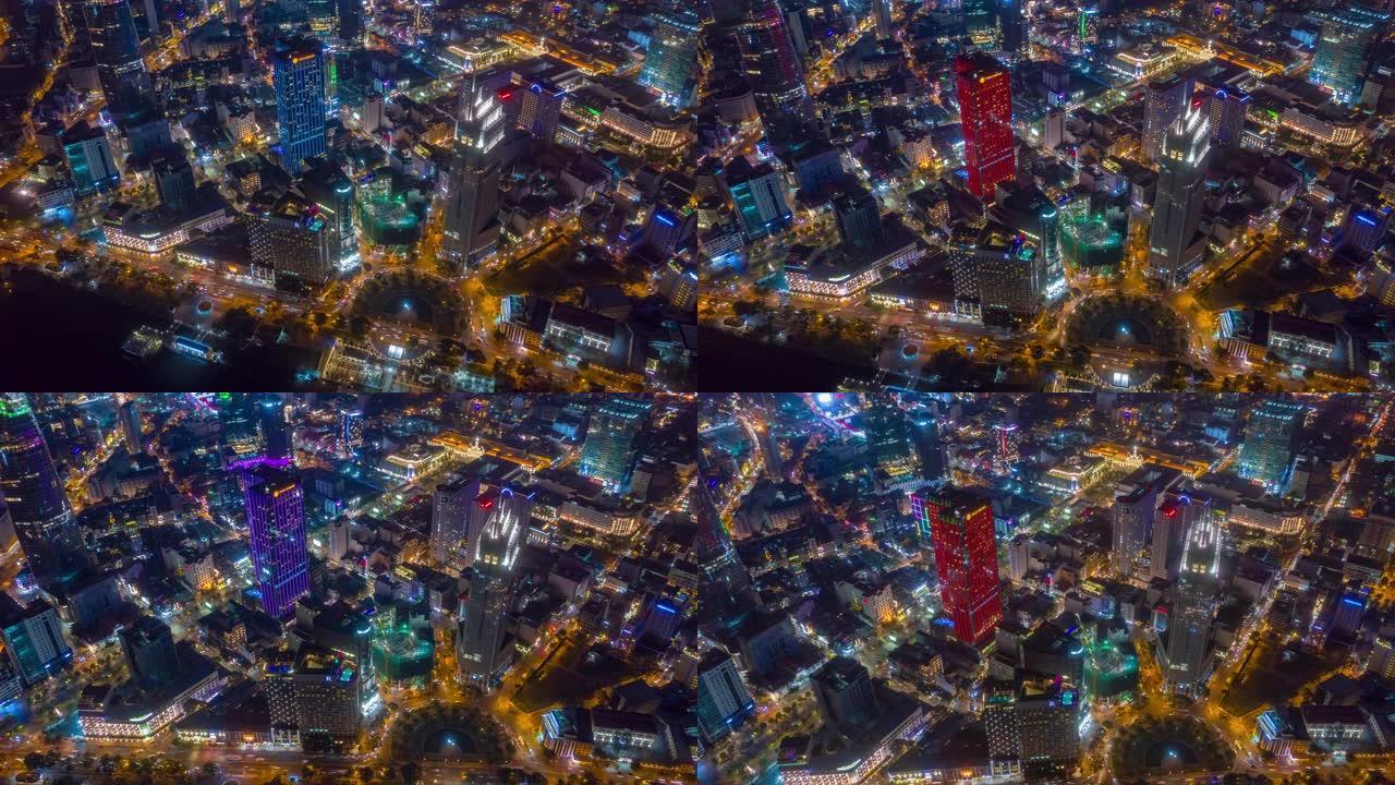 夜间照明飞行在胡志明市交通湾空中全景4k越南