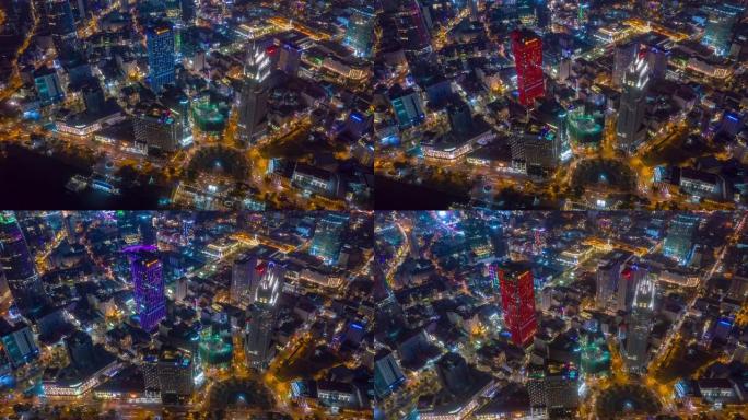 夜间照明飞行在胡志明市交通湾空中全景4k越南
