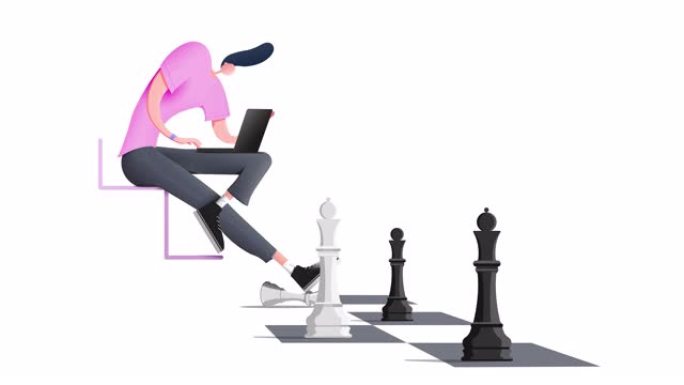无缝循环。4种不同颜色的变化的动画一个男人与一个时尚的发型下棋。蓝色，红色，黑色。