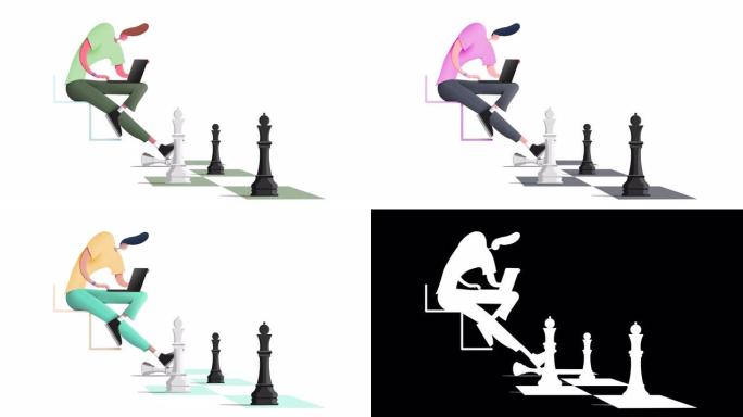 无缝循环。4种不同颜色的变化的动画一个男人与一个时尚的发型下棋。蓝色，红色，黑色。