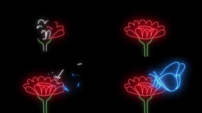 霓虹蝴蝶在黑色背景上寻找花蜜。激光蝴蝶出现在红花上。春天的概念，自然之美