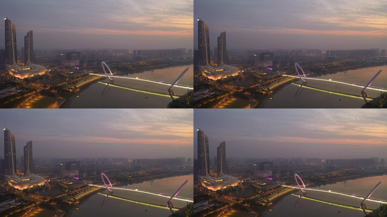 日落夜照明南京市国际青年文化中心人行滨江大桥空中全景4k中国