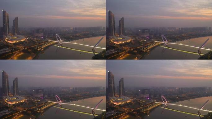 日落夜照明南京市国际青年文化中心人行滨江大桥空中全景4k中国