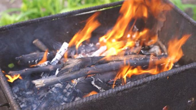 夏格里尔的火势特写。干燥的木棒闷气。烧烤烹饪的概念