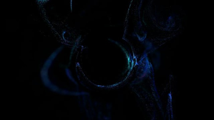 黑色背景下的蓝色发光粒子流进入球形场，放置您的文字，徽标。阿尔法通道作为亮度哑光。平流的油墨效应。