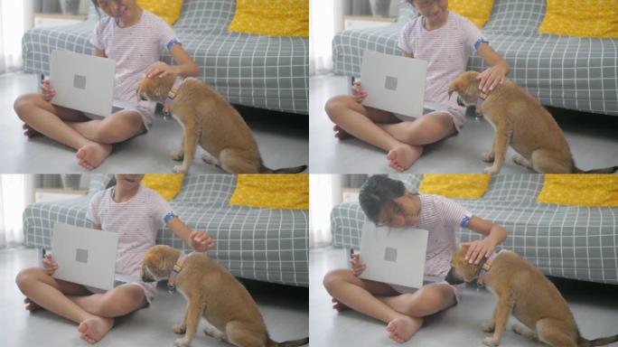 亚洲女孩使用笔记本电脑和她的狗在家里玩，同时在线学习，呆在家里的概念。