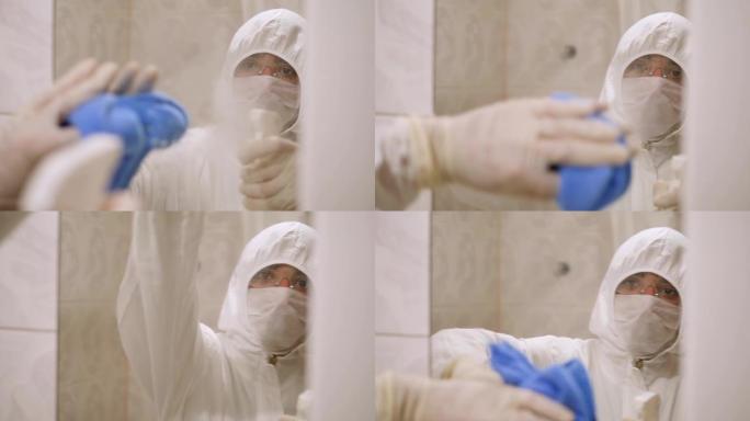 穿着防护服和手套的男子用消毒液擦拭镜子