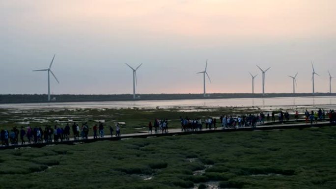 台湾台中日落期间高美湿地景观的风力涡轮机农场