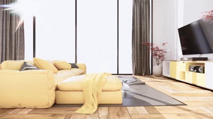 室内场景模拟，黄色沙发和房间简约装饰。3D渲染