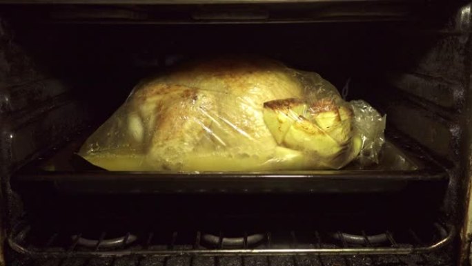 在烤箱中拍摄美味的炸鸡和土豆，下面是肉汤