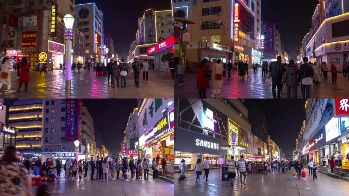 夜间著名的青岛市拥挤步行街步行延时全景4k中国