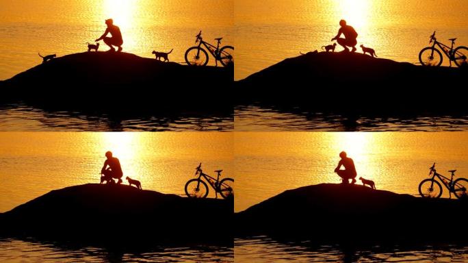 日落灯光下的山地自行车男子