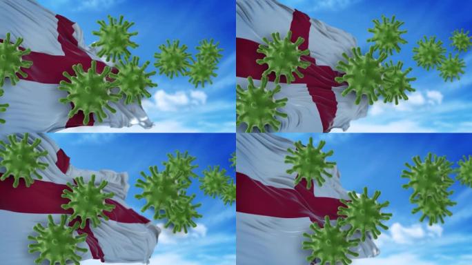 冠状病毒新型冠状病毒肺炎以4k分辨率飞向天空或从英国国旗上清洗