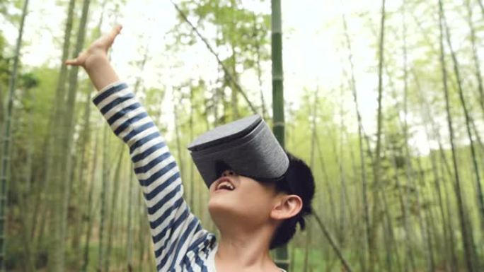 小男孩在竹林里玩VR