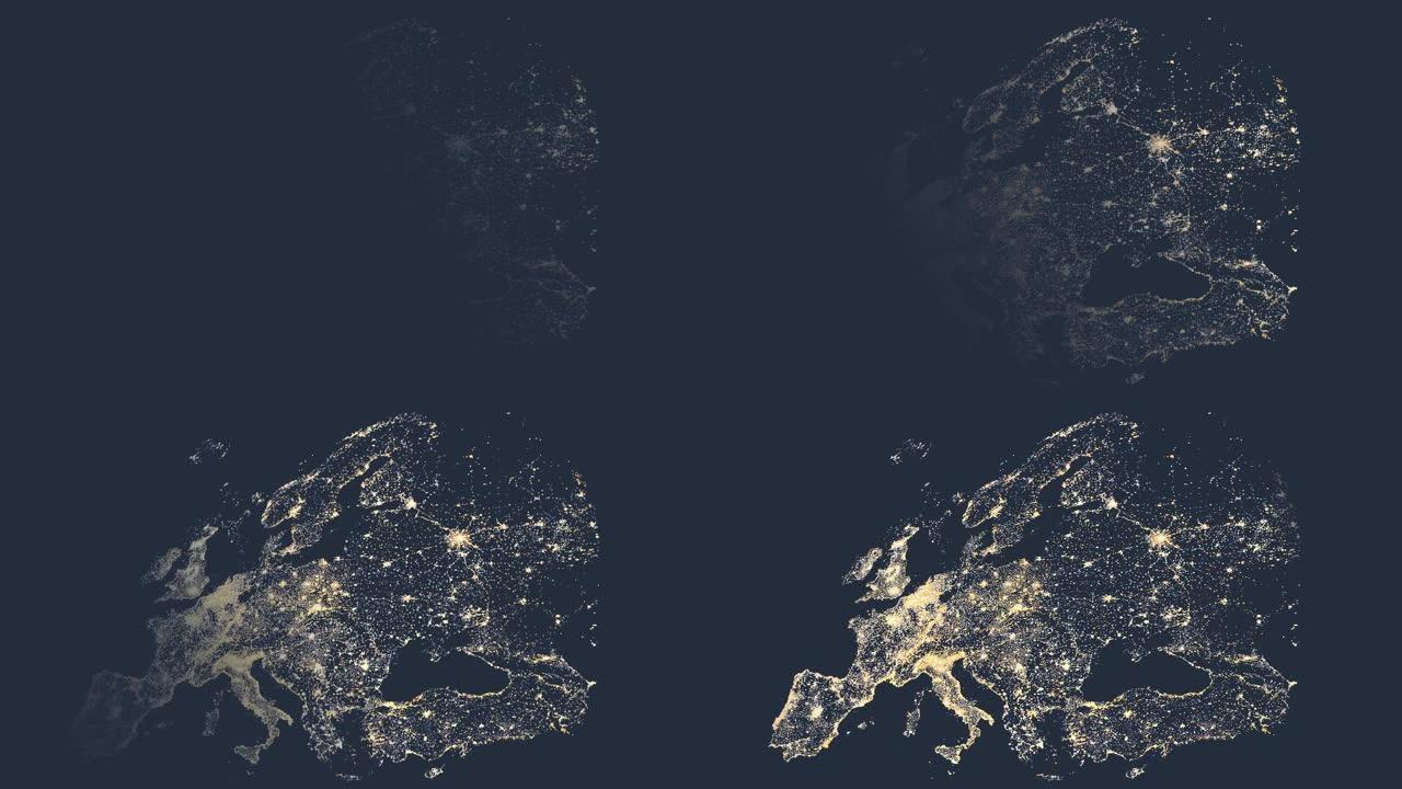 欧洲地图揭示了从柔和的黑暗渐变到明亮的城市灯光