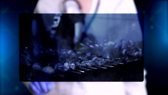 医生戴着蓝色医用手套，展示了烧烤的全息图。医生做冻结框架，盖上邮票。冠状病毒流行期间的禁令，检疫