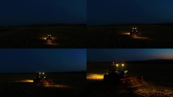 拖拉机晚上去野外，日出时开始工作