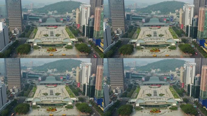 白天时间广州市中心著名火车站交通街广场空中全景4k中国