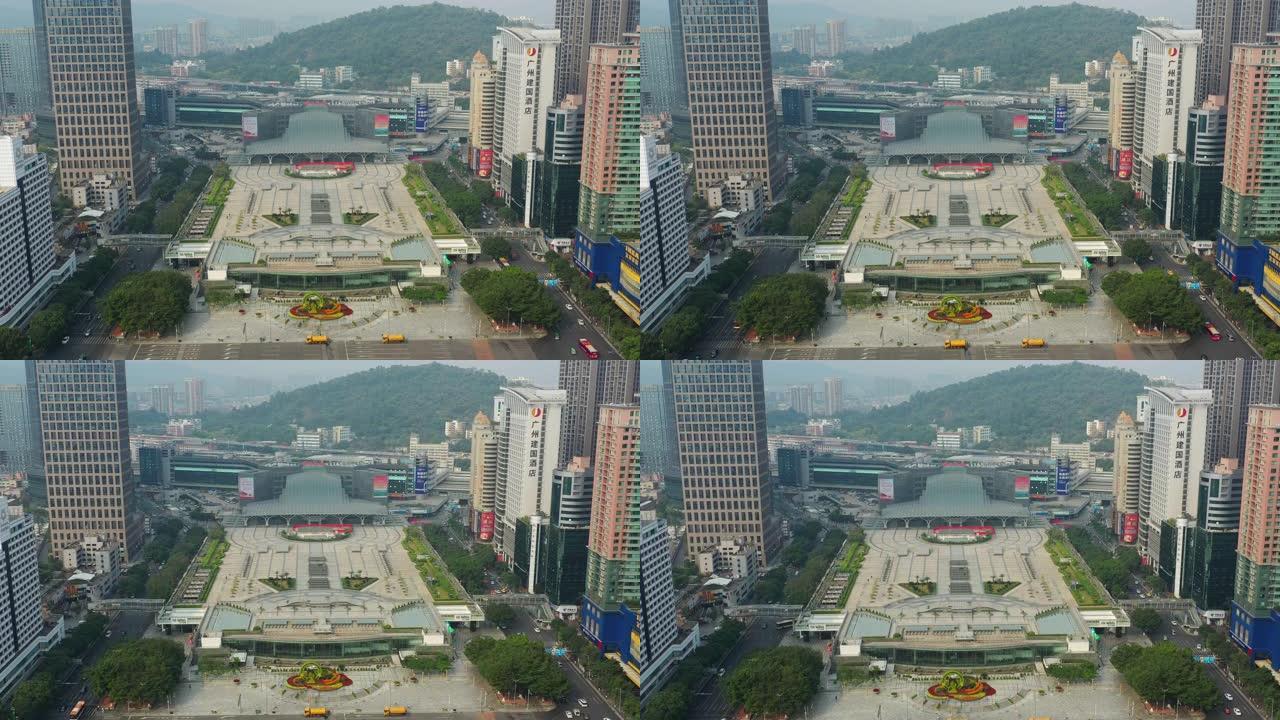 白天时间广州市中心著名火车站交通街广场空中全景4k中国