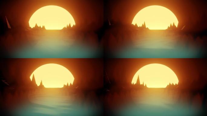 80年代复古暗夜背景3D动画。带有月亮灯和低多边形地形渲染的rerowave线框地平线。