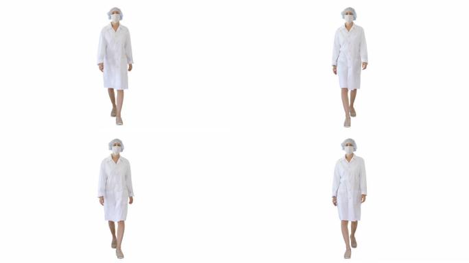 白色背景上戴着外科口罩的步行女医生