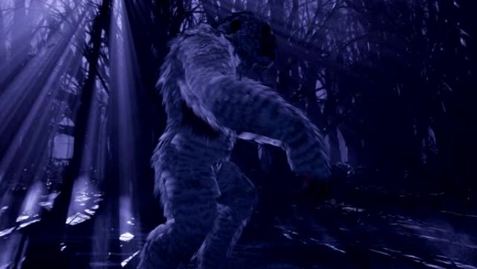雪人在晚上穿过迷雾笼罩的神秘森林。大脚怪正走在黑暗的可怕森林里。神话、小说或幻想背景的动画。