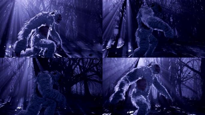雪人在晚上穿过迷雾笼罩的神秘森林。大脚怪正走在黑暗的可怕森林里。神话、小说或幻想背景的动画。