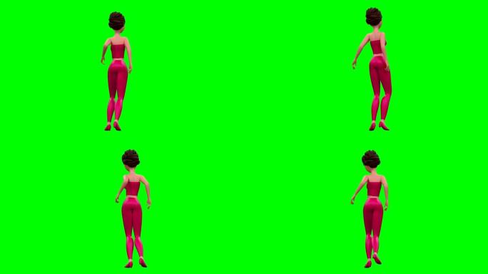 绿色屏幕上3D动画《红色跳舞的女人》的后视图