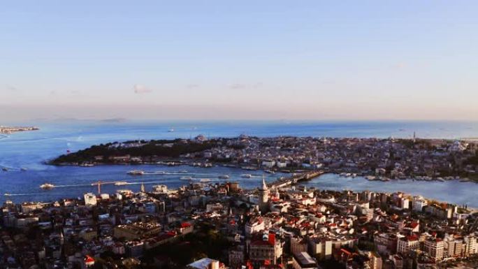 无人机拍摄:实时，土耳其伊斯坦布尔黄昏时的4K天际线。