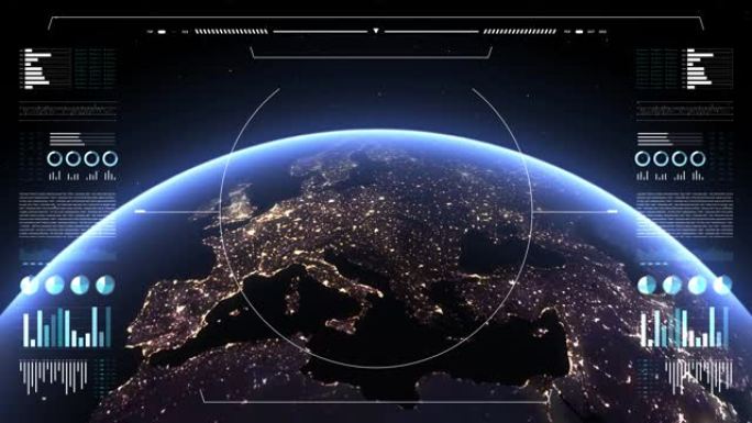 分析显示上的地球。3d地球动画。世界数据技术HUD接口4k。