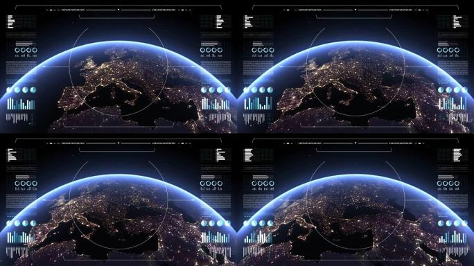 分析显示上的地球。3d地球动画。世界数据技术HUD接口4k。