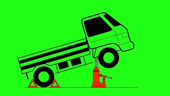 液压汽车千斤顶，用于提升和修理车辆。绿屏背景。4k动画。