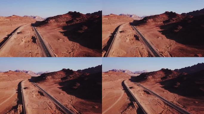 空旷的沙漠中的铁路和道路的鸟瞰图