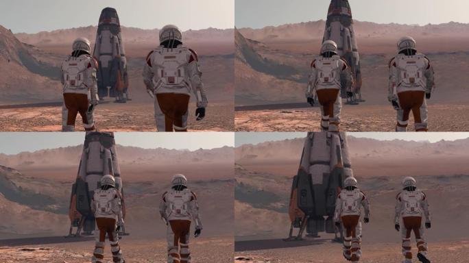 火星上的殖民地。两名宇航员在火星表面行走。探索火星任务。未来殖民和太空探索概念。