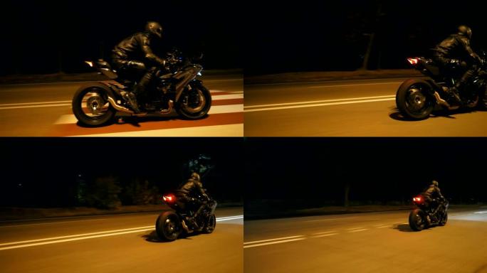 戴着头盔的年轻人在晚上的城市街道上快速骑现代运动摩托车。摩托车手在夜间空旷的道路上骑摩托车。开车的人