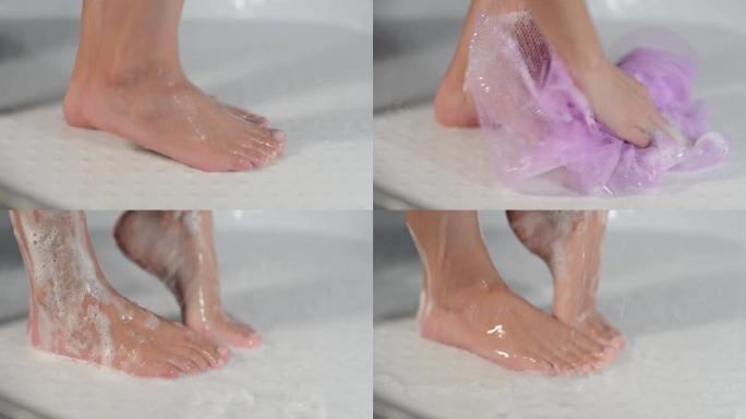 一个女人站在淋浴间，用沐浴露洗自己，脚底视图