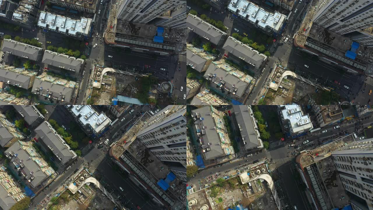 晴天南京城市交通街道十字路口空中俯拍全景4k中国