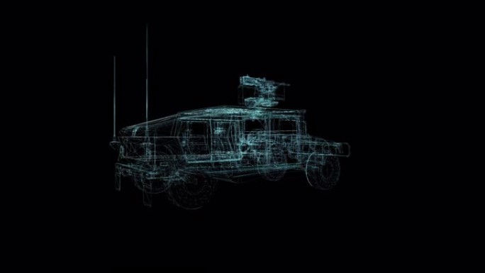 军用装甲车全息图线框。黑色背景上的漂亮3D动画，未来项目的无缝循环